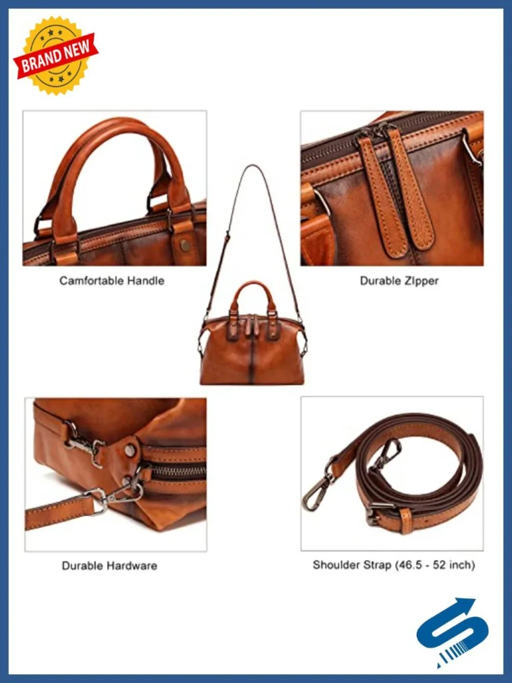 Genuine Leather Vintage Satchel Tote Crossbody Bag with Detachable Strap